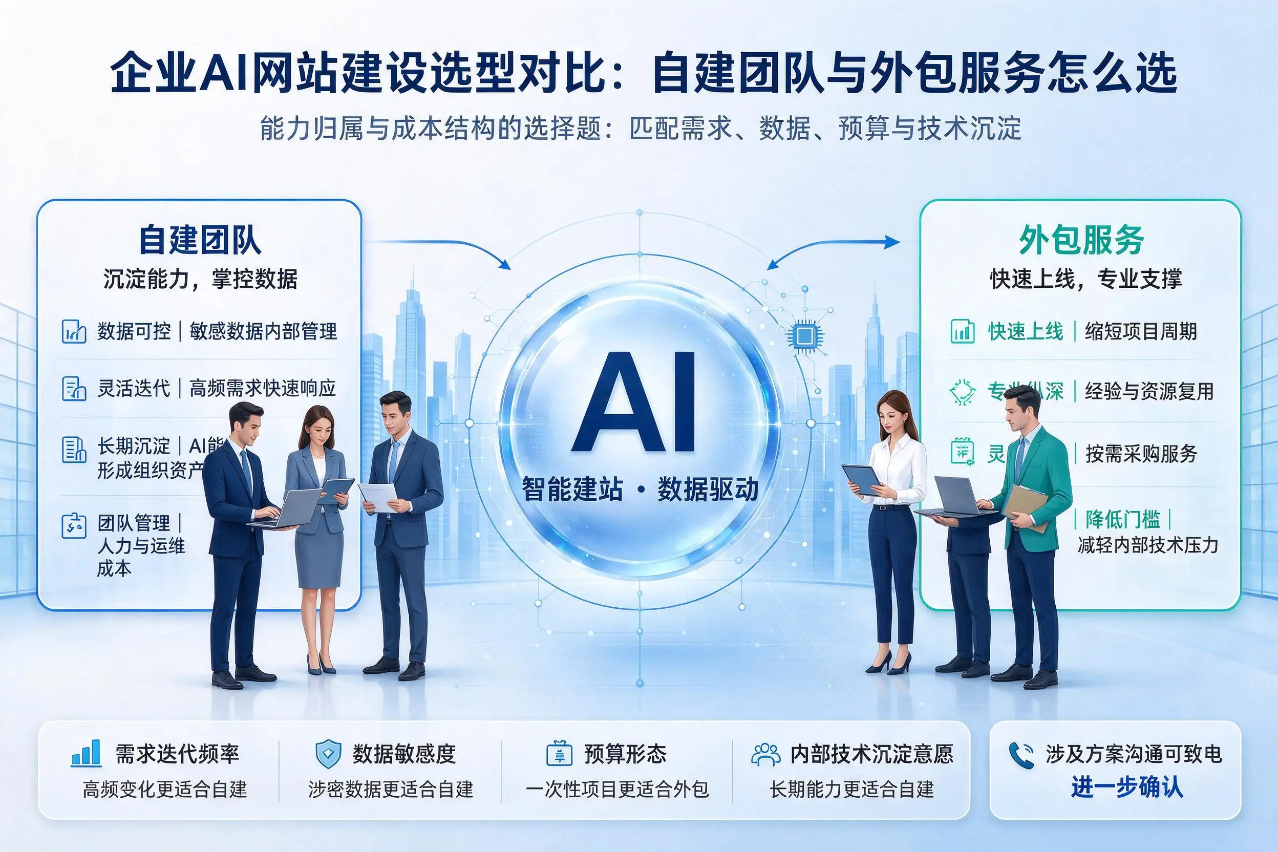 达州企业AI网站建设选型对比：自建团队与外包服务怎么选